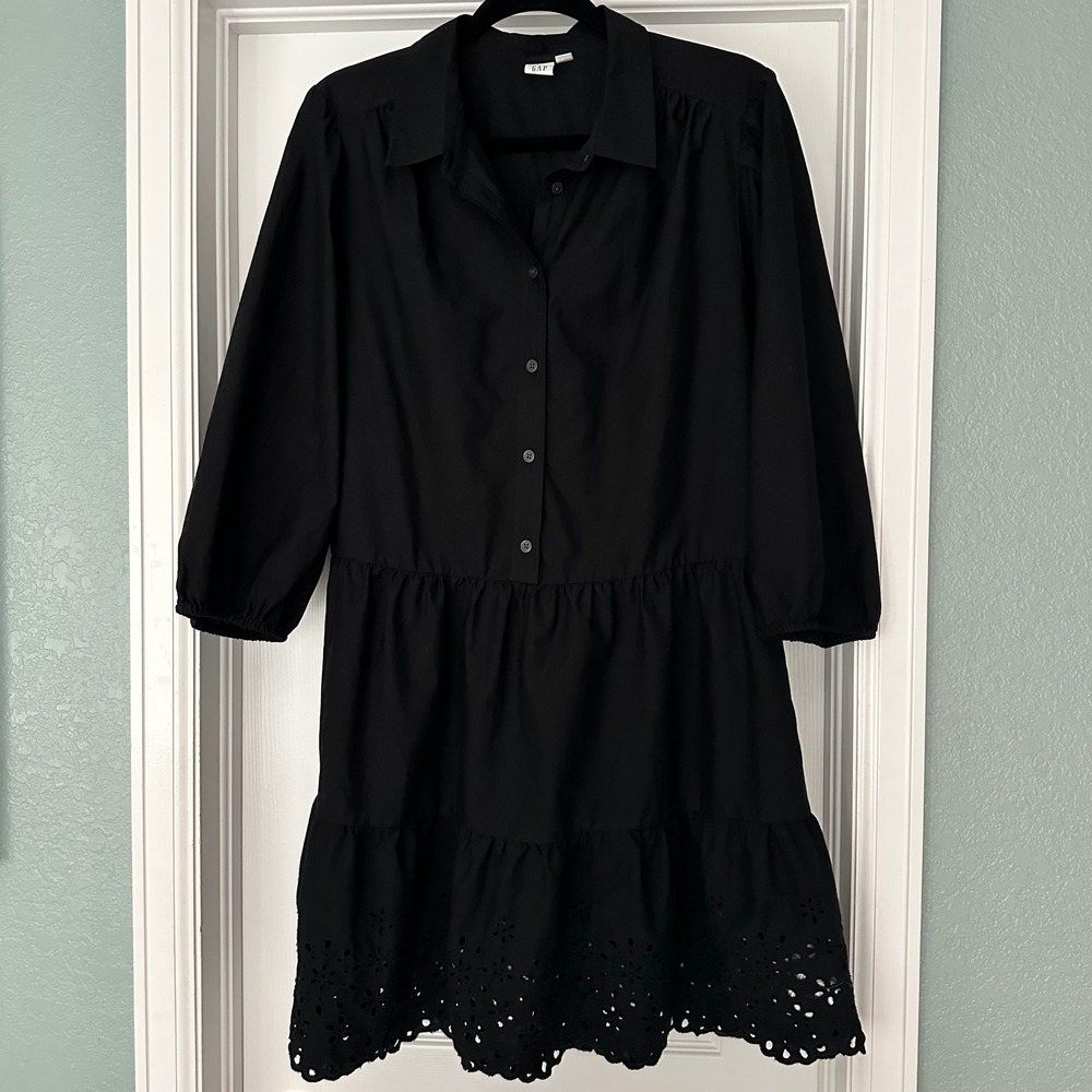 GAP Black Mini Dress Eyelet Tiered 3/4
Sleeve Shirt Dress Large - Picture 3 of 11